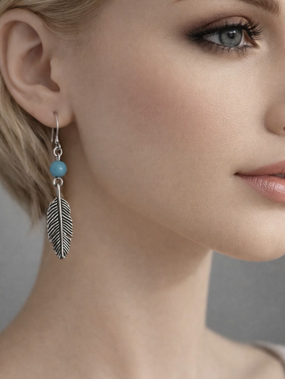 Turquoise Bead & Silver Feather Drop Earrings – Boho Women’s Fashion Jewelry
